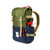 3/4 Front Detail Shot of the Topo Designs Rover Pack Classic in Olive/Navy showing Nalgene water bottle in expandable side pocket