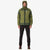 Topo Designs Mountain Puffer Hoodie in Olive green on model with hood up.