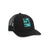 Topo Designs Arcade Mountain Trucker Hat with mesh back and embroidered graphic on black.