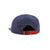 Back of Topo Designs Nylon Camp 5-panel flat brim Hat in navy blue showing adjustable webbing clip strap.